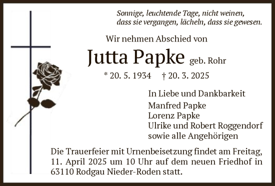 Todesanzeige von Jutta Papke von OF
