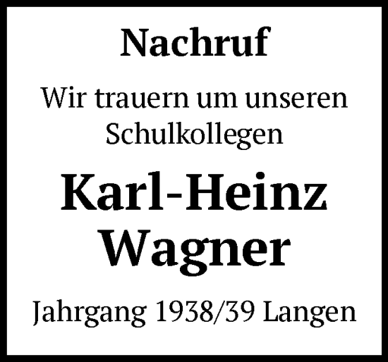 Todesanzeige von Karl-Heinz Wagner von OF