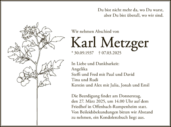 Todesanzeige von Karl Metzger von OF