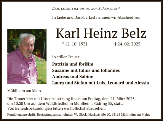 Todesanzeige von Karl Heinz Belz von OF
