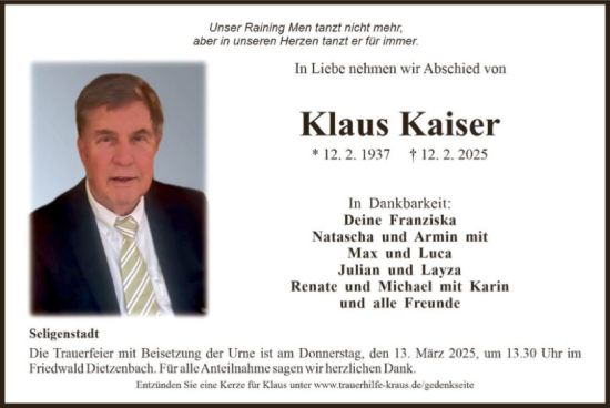 Todesanzeige von Klaus Kaiser von OF
