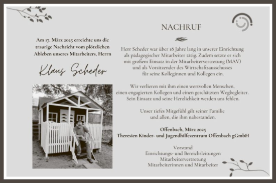 Todesanzeige von Klaus Scheder von OF