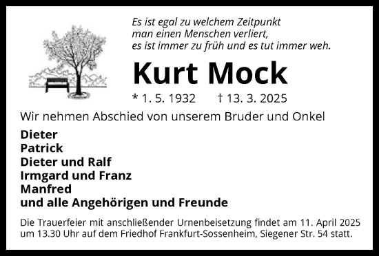 Todesanzeige von Kurt Mock von OF