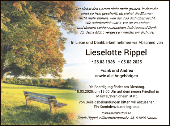 Todesanzeige von Lieselotte Rippel von OF