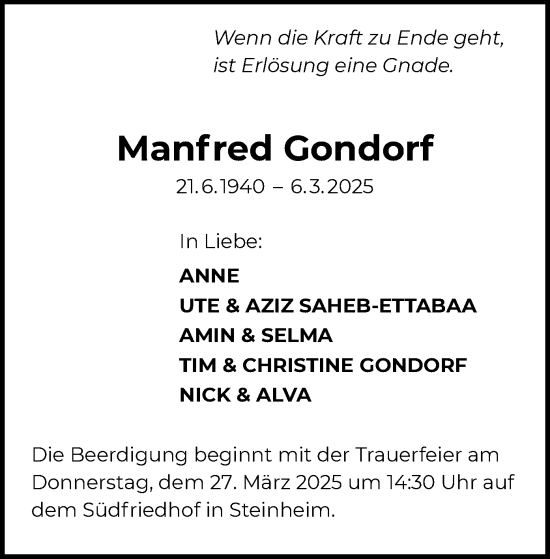 Todesanzeige von Manfred Gondorf von OF