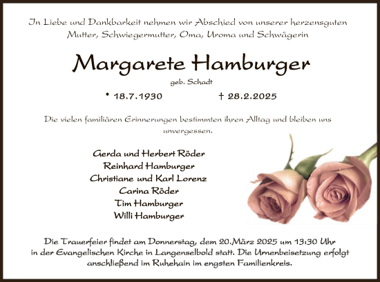Todesanzeige von Margarete Hamburger von OF