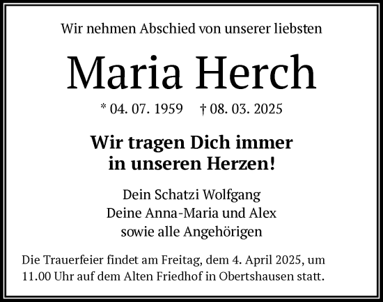 Todesanzeige von Maria Herch von OF