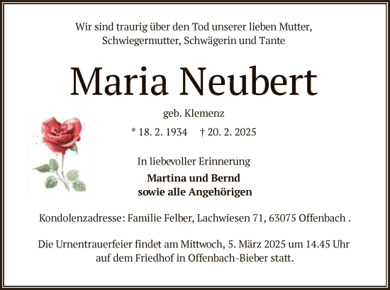 Todesanzeige von Maria Neubert von OF