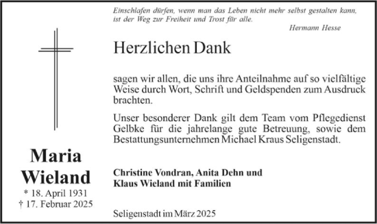 Todesanzeige von Maria Wieland von OF