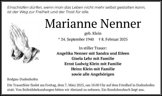 Todesanzeige von Marianne Nenner von OF