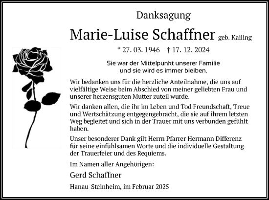 Todesanzeige von Marie-Luise Schaffner von OF