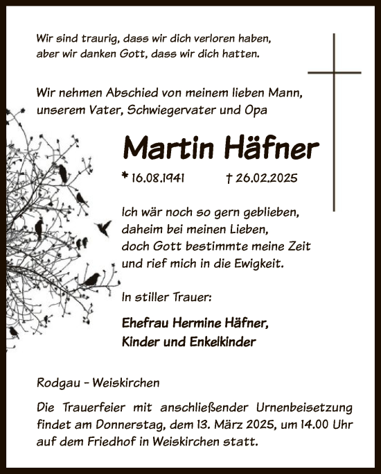 Todesanzeige von Martin Häfner von OF