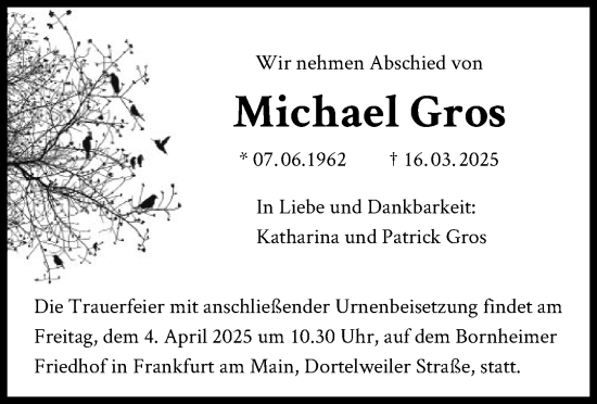 Todesanzeige von Michael Gros von OF