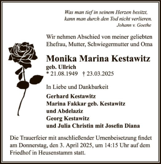 Todesanzeige von Monika Marina Kestawitz von OF