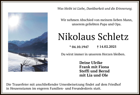Todesanzeige von Nikolaus Schletz von OF