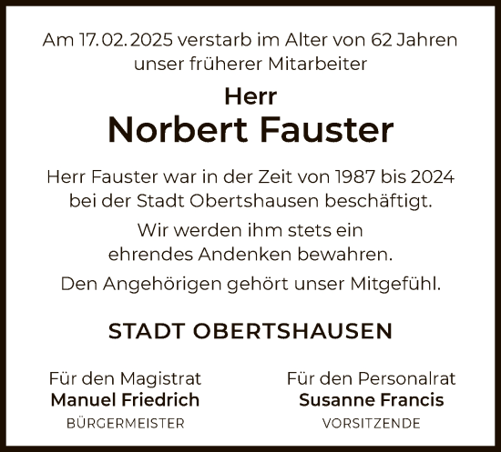 Todesanzeige von Norbert Fauster von OF