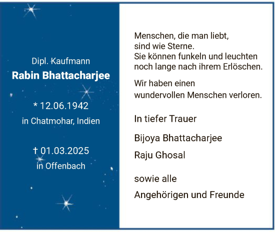Todesanzeige von Rabin Bhattacharjee von OF