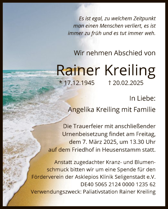 Todesanzeige von Rainer Kreiling von OF