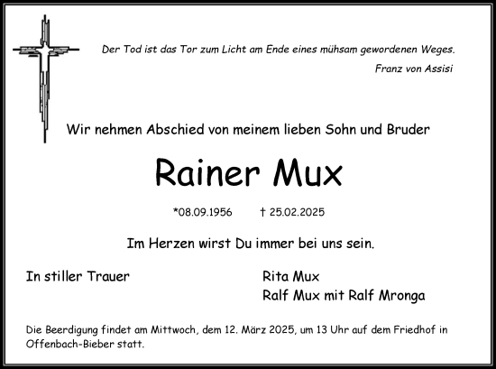 Todesanzeige von Rainer Mux von OF