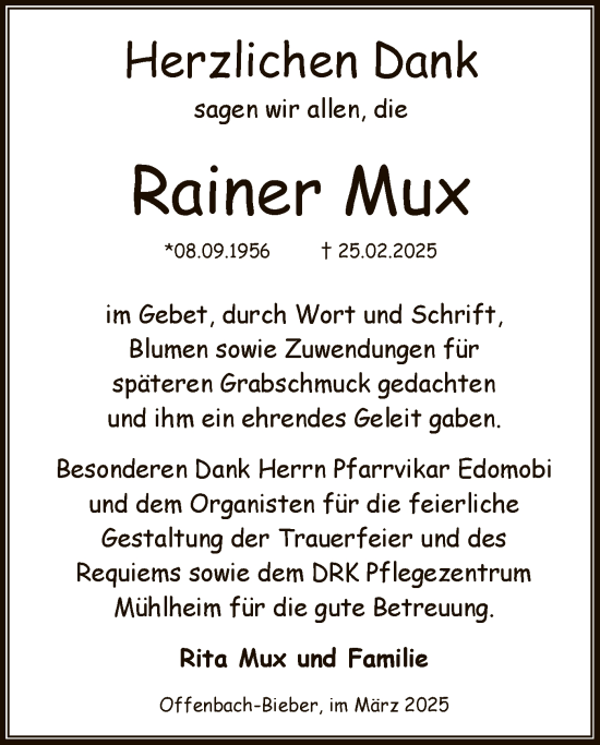 Todesanzeige von Rainer Mux von OF