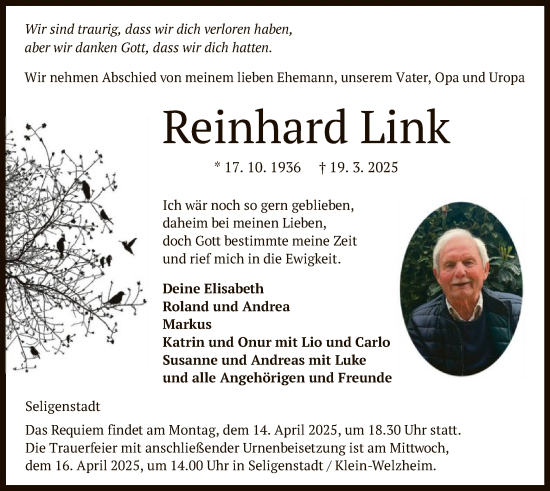 Todesanzeige von Reinhard Link von OF