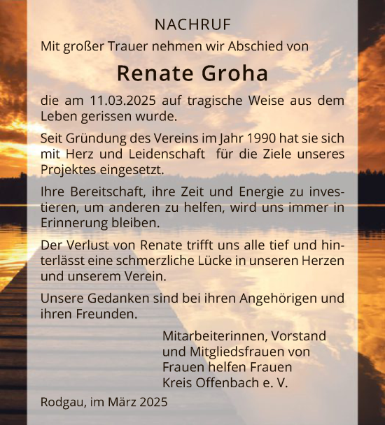 Todesanzeige von Renate Groha von OF