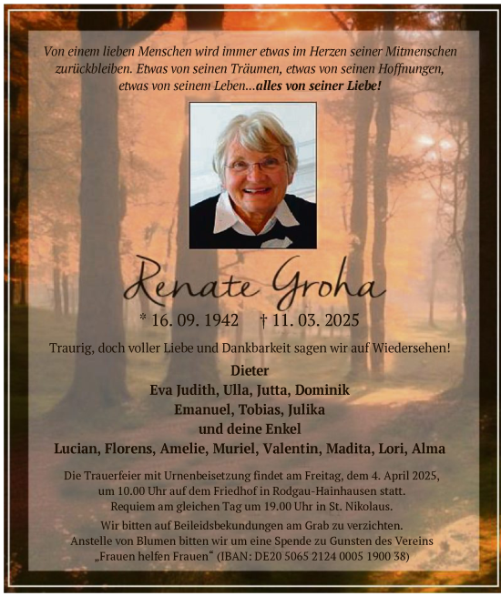 Todesanzeige von Renate Groha von OF