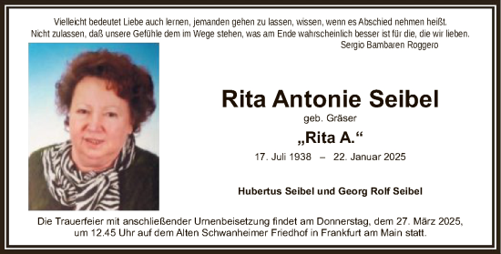 Todesanzeige von Rita Antonie Seibel von OF