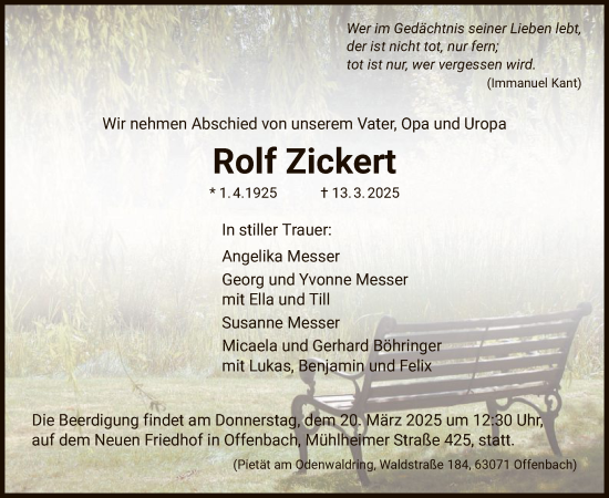 Todesanzeige von Rolf Zickert von OF