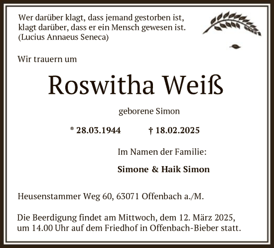 Todesanzeige von Roswitha Weiß von OF
