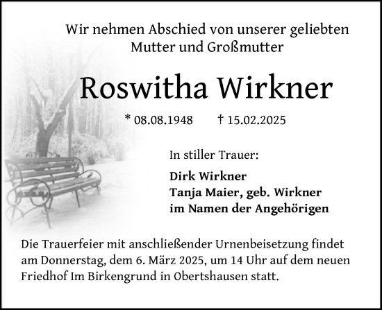 Todesanzeige von Roswitha Wirkner von OF