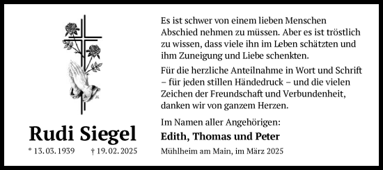 Todesanzeige von Rudi Siegel von OF
