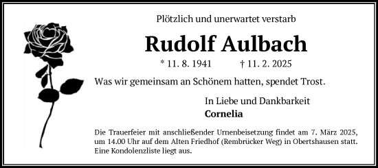 Todesanzeige von Rudolf Aulbach von OF