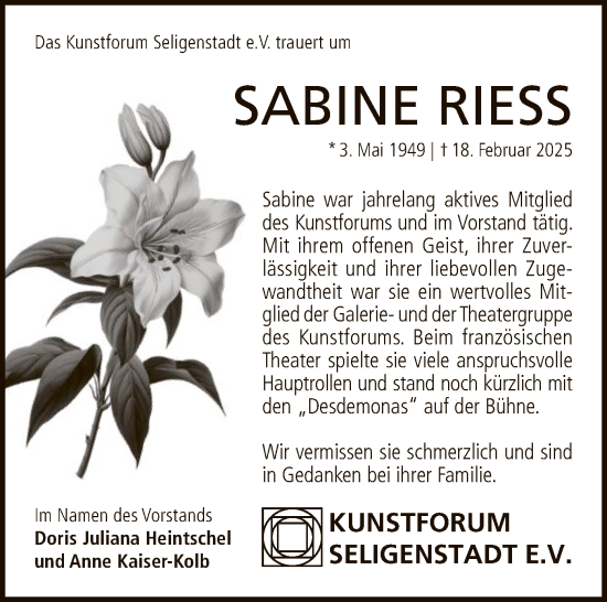 Todesanzeige von Sabine Riess von OF