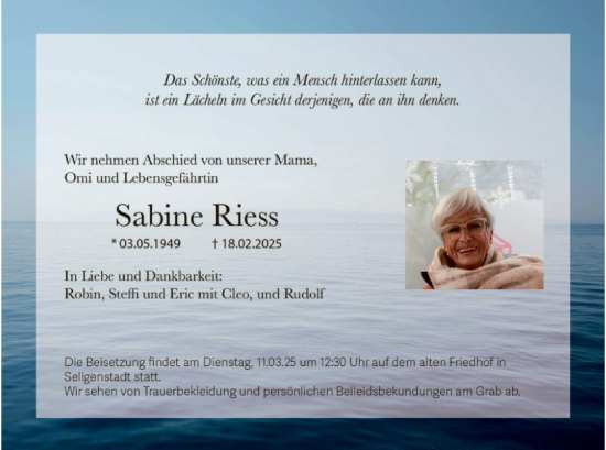 Todesanzeige von Sabine Riess von OF