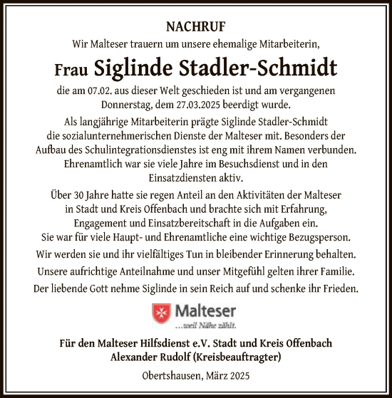 Todesanzeige von Siglinde Stadler-Schmidt von OF
