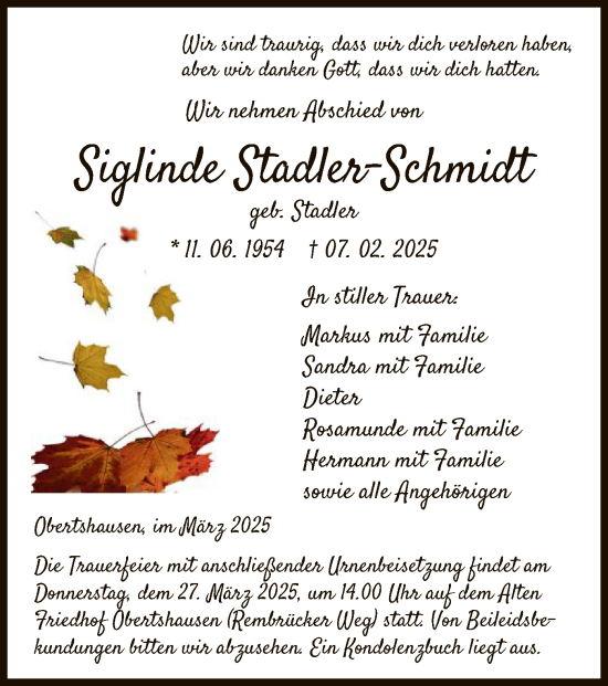 Todesanzeige von Siglinde Stadler-Schmidt von OF