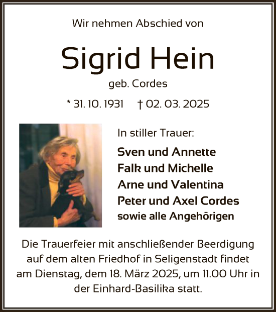 Todesanzeige von Sigrid Hein von OF