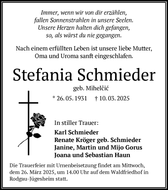 Todesanzeige von Stefania Schmieder von OF