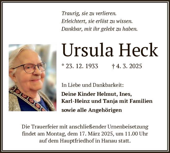 Todesanzeige von Ursula Heck von OF