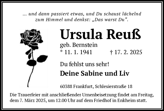 Todesanzeige von Ursula Reuß von OF