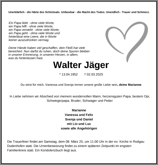 Todesanzeige von Walter Jäger von OF