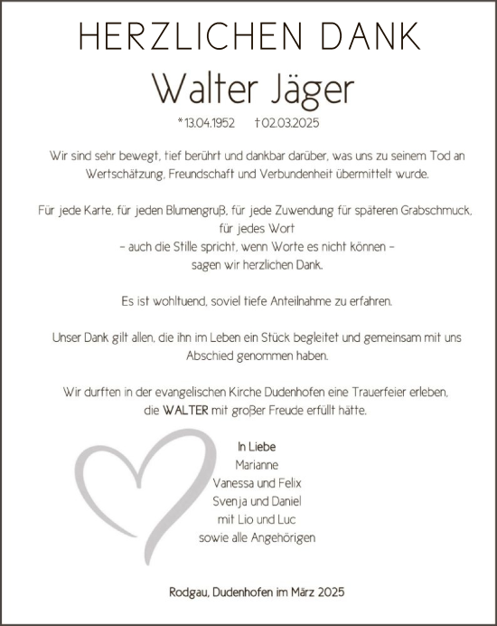 Todesanzeige von Walter Jäger von OF