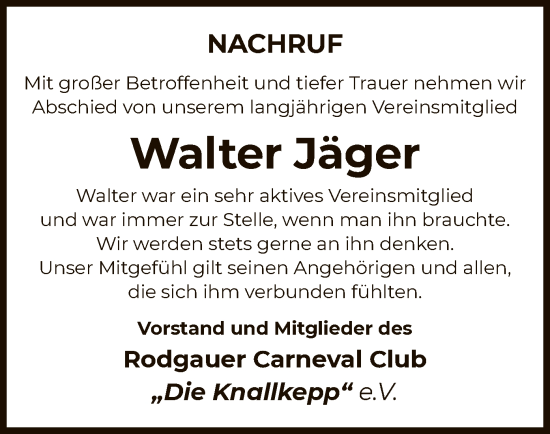Todesanzeige von Walter Jäger von OF