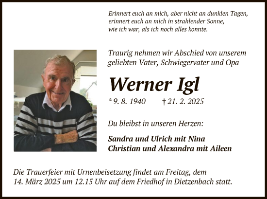 Todesanzeige von Werner Igl von OF