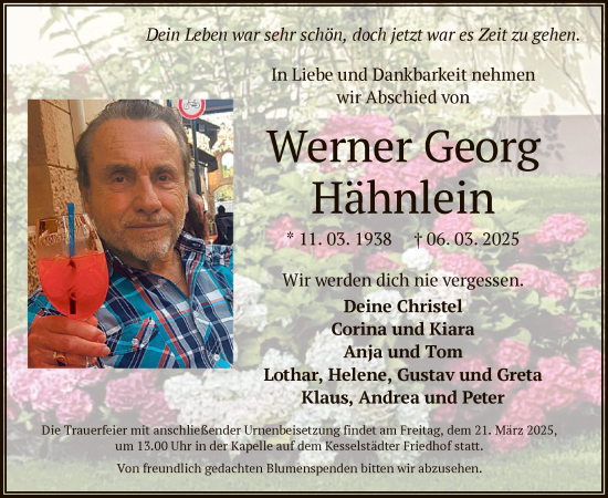 Todesanzeige von Werner Georg Hähnlein von OF