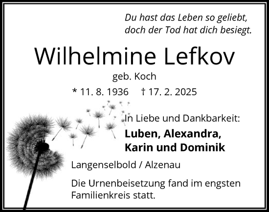 Todesanzeige von Wilhelmine Lefkov von OF