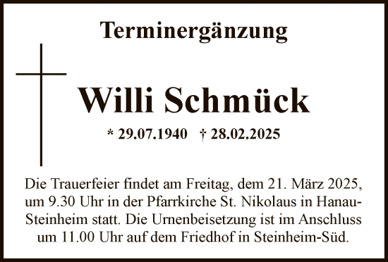 Todesanzeige von Willi Schmück von OF