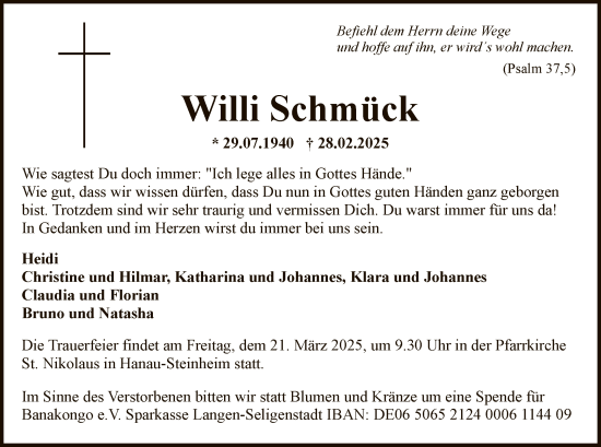 Todesanzeige von Willi Schmück von OF