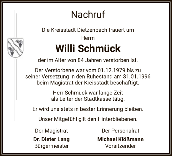 Todesanzeige von Willi Schmück von OFOF
